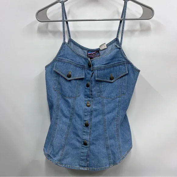 Vintage Denim Button-Front Spaghetti Strap Tank Top Blue size 7 100% cotton FLAW - Picture 1 of 9